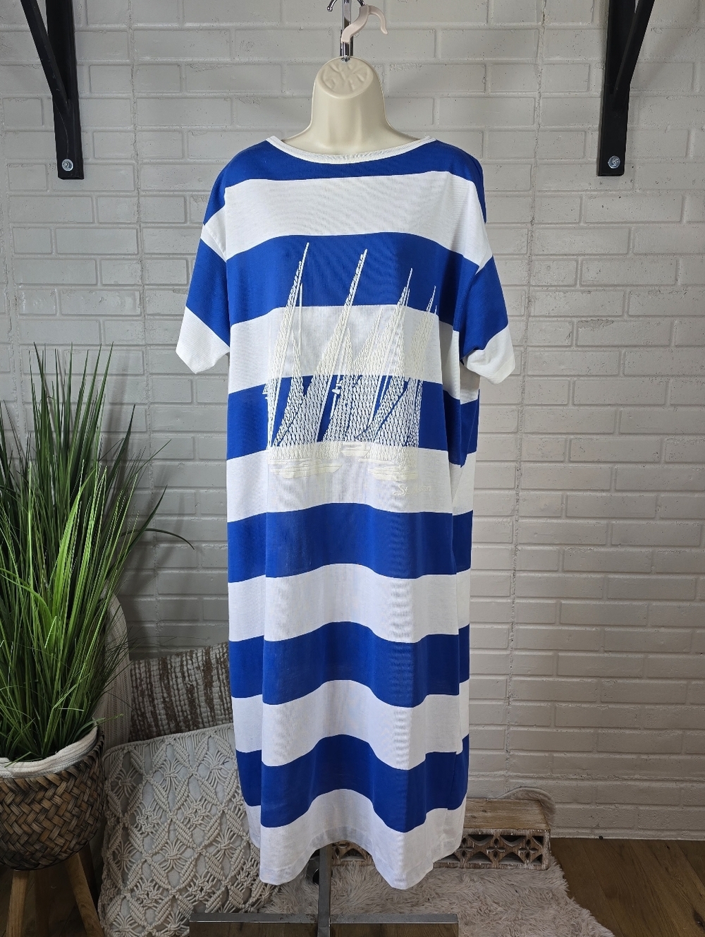 Vintage Blue and White Striped Nautical Maxi T-Shirt Dress XL or 2XL